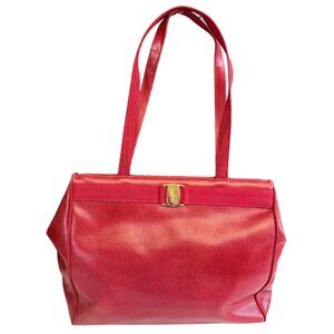 Auth Salvatore Ferragamo Vara bow Shoulder Bag Red Leather Italy